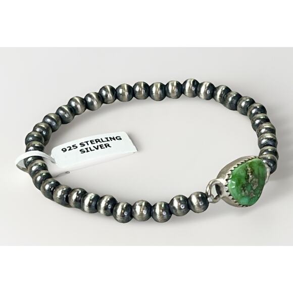 Native American Sterling Silver Pearl & Emerald Valley Turquoise Navajo Bracelet - Picture 5 of 13